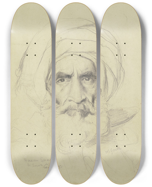 Triptych art skateboard deck of Wilhelm Gentz Mnnlicher Studienkopf Eines Arabers by Wilhelm Gentz (1822-1890)