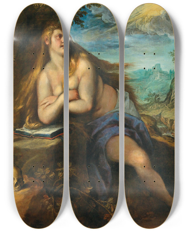 Triptych art skateboard deck of Jacopo Palma Il Giovane The Penitent Magdalene by Jacopo Palma Il Giovane (1548-1628)