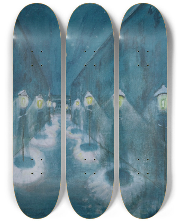 Triptych art skateboard deck of Walter Gramatt Nchtliche Strasse Streetby Night by Walter Gramatte (1897-1929)