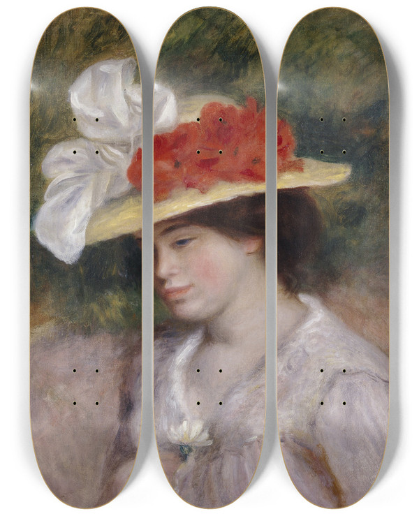 Triptych art skateboard deck of Pierreauguste Renoir Woman In A Flowered Hat by Pierre-Auguste Renoir (1841-1919)