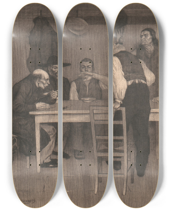 Triptych art skateboard deck of William Strang The Soup Kitchen by William Strang (1859-1921)
