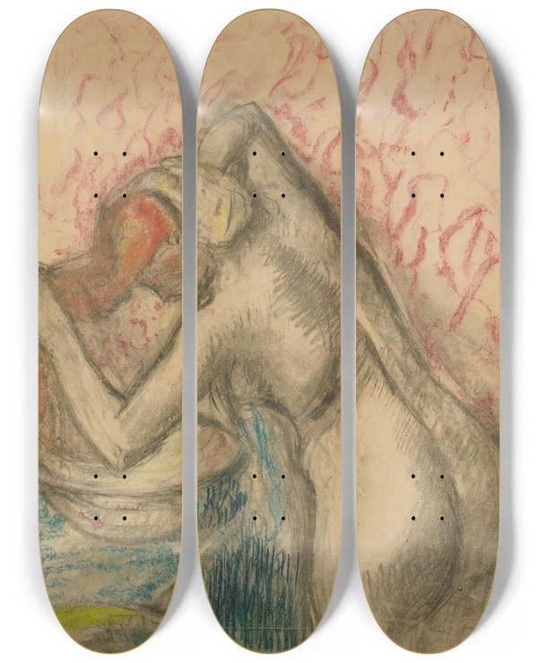 Triptych art skateboard deck of Edgar Degas Aprs Le Bain Femme Sessuyant Les Cheveux by Edgar Degas (1834-1917)