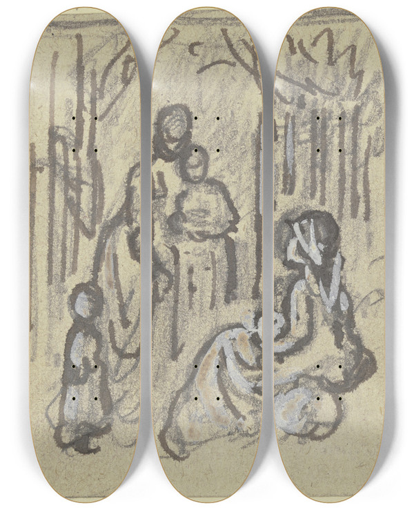 Triptych art skateboard deck of Philipp Rumpf Figurenskizze Frauen Und Mdchen Im Walde by Philipp Rumpf (1821-1896)