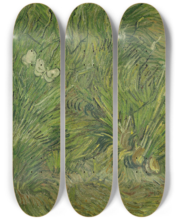 Triptych art skateboard deck of Vincent Van Gogh Garden With Butterflies by Vincent van Gogh (1853-1890)