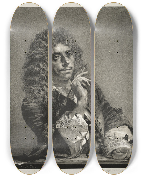 Triptych art skateboard deck of Adolph Von Menzel Essay On Stone With Brush And Scraper Portrait Of Molire by Adolph Von Menzel (1815-1905)