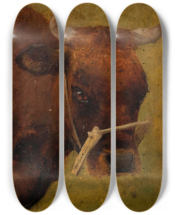 Triptych art skateboard deck of Carlo Dalgas Head Of A Cow Study by Carlo Dalgas (1821-1851)