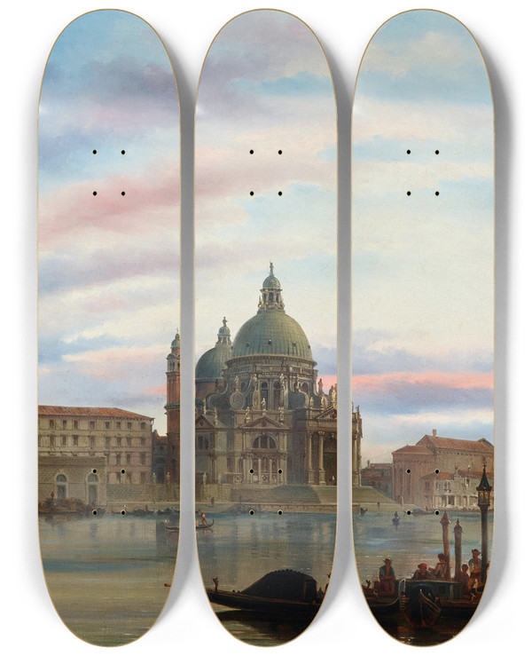 Triptych art skateboard deck of Felice Auguste Rezia Venice A View Of Santa Maria Della Salute by Felice Auguste Rezia (1835-1907)
