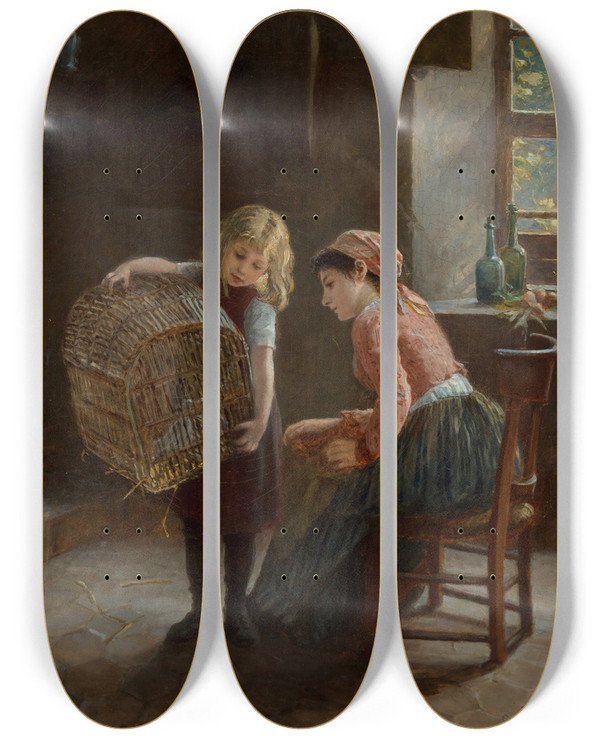 Triptych art skateboard deck of Paul Seignac New Friends by Paul Seignac (1826-1904)