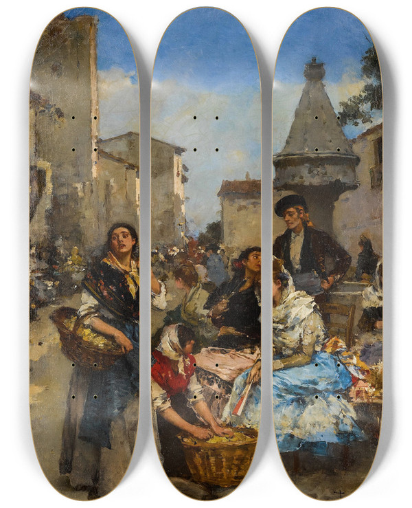 Triptych art skateboard deck of Francesc Miralles I Galaup Atthe Market by Francesc Miralles I Galaup (1848-1901)