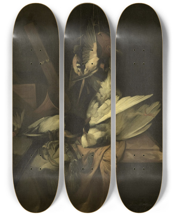 Triptych art skateboard deck of William Gouw Ferguson Still Life With Birds And Implements Of The Hunt by William Gouw Ferguson