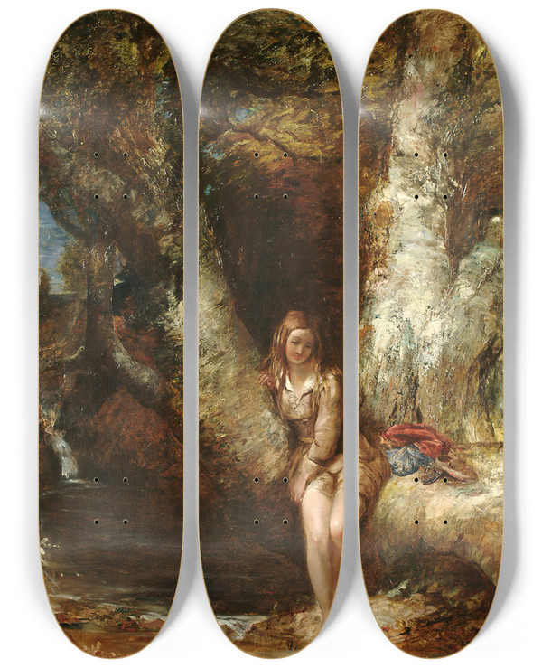 Triptych art skateboard deck of Alfred Joseph Woolmer Girl Seated Before A Woodland Pool by Alfred Joseph Woolmer (1805-1892)