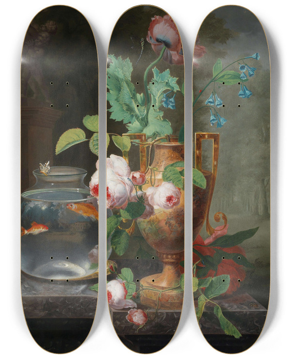 Triptych art skateboard deck of Jean Baptiste Berr Still Life With Flowers In A Vase And Goldfish Bowl by Jean Baptiste Berre (1777-1838)