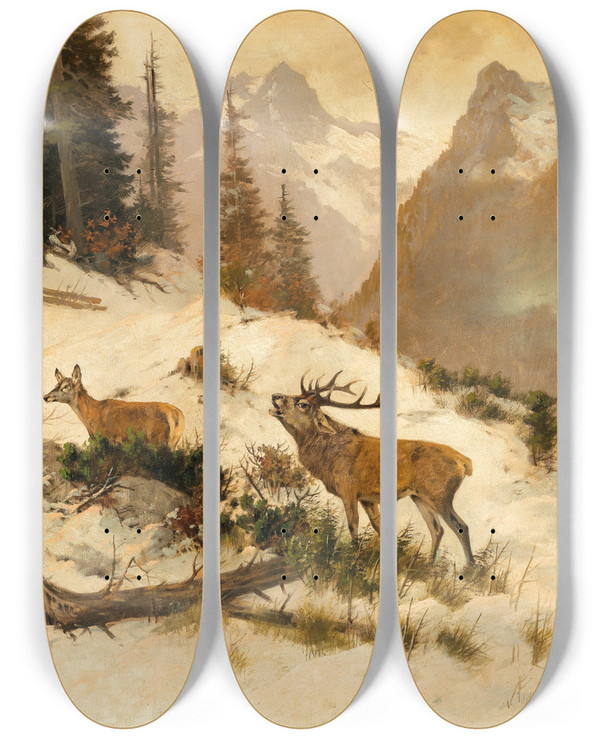 Triptych art skateboard deck of Georg Berger Roe Deer In A Mountain Landscape In Winter by Georg Berger (1862-1942)
