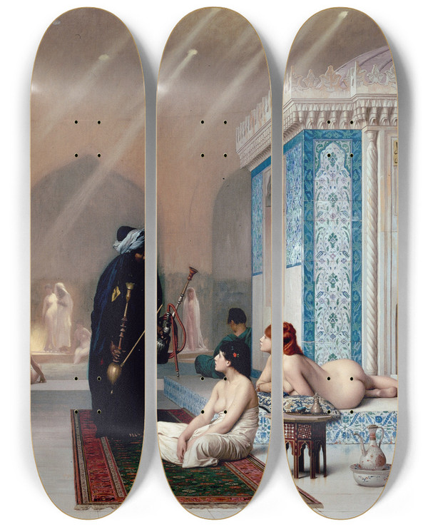 Triptych art skateboard deck of Jeanlon Grme Pool In A Harem by Jean-Lon Grme (1824-1904)