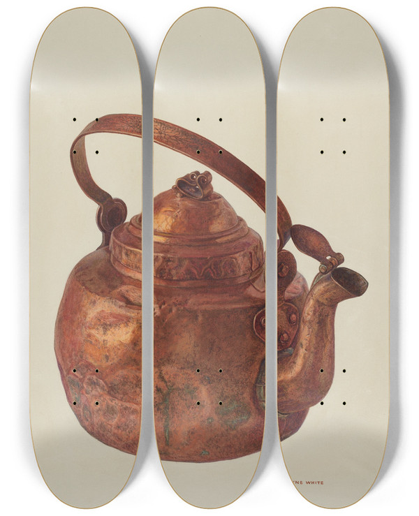 Triptych art skateboard deck of Wayne White Copper Tea Kettle by Wayne White