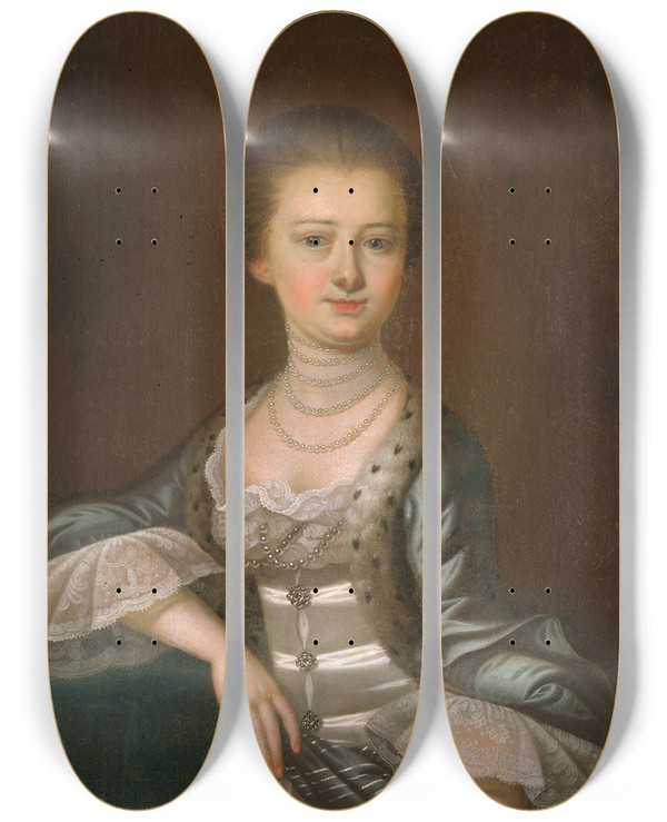 Triptych art skateboard deck of Jeremiah Theus Mrs John Dart by Jeremiah Theus (1716-1774)