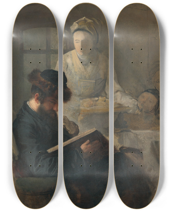 Triptych art skateboard deck of Leopold Horovitz At The Rabbis by Leopold Horovitz (1839-1917)