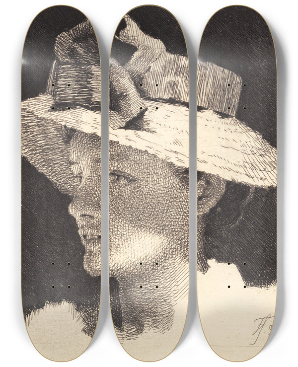 Triptych art skateboard deck of Frans Schwartz Ung Pige Med Strhat Profil Mod Venstre by Frans Schwartz (1850-1917)