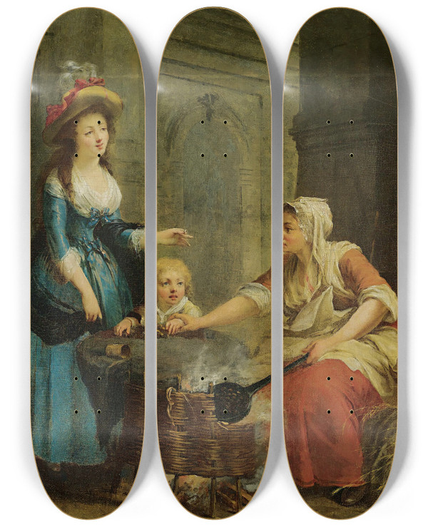 Triptych art skateboard deck of Jeanbaptiste Charpentier The Chesnut Seller by Jean-Baptiste Charpentier (1728-1806)