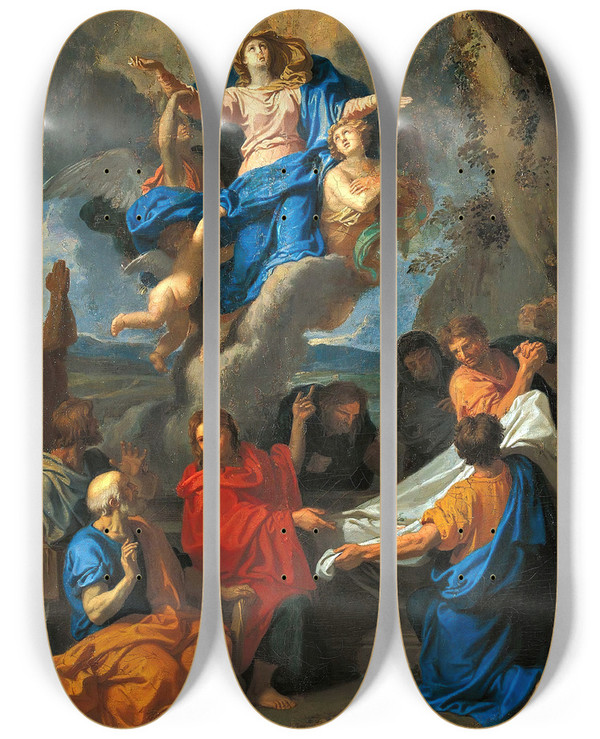 Triptych art skateboard deck of Charles Le Brun Assumption Of The Virgin by Charles Le Brun (1619-1690)
