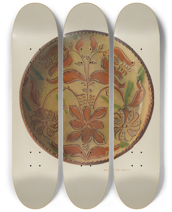 Triptych art skateboard deck of Charlotte Angus Plate by Charlotte Angus (1911-1989)