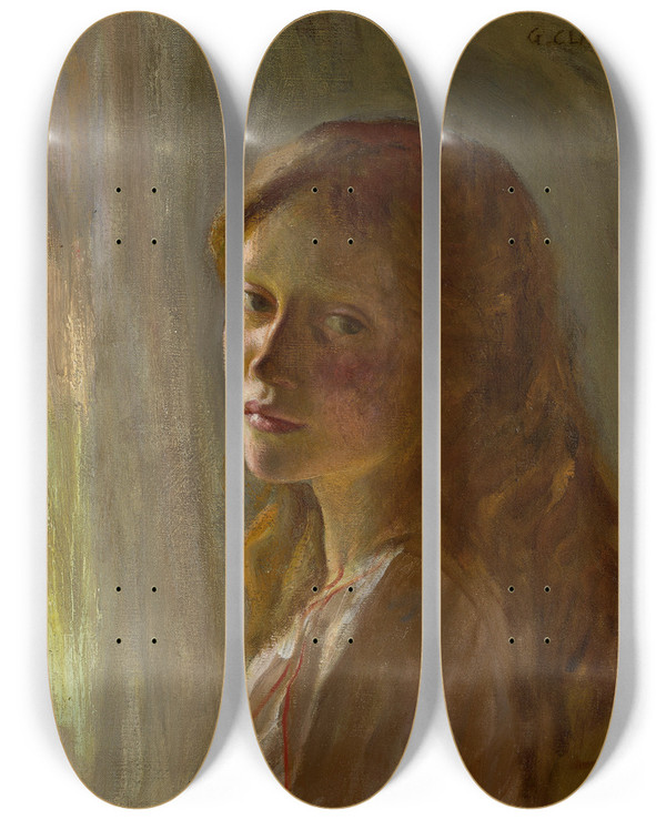 Triptych art skateboard deck of Sir George Clausen Portrait Of A Girl by Sir George Clausen (1852-1944)