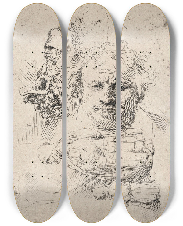 Triptych art skateboard deck of Rembrandt Van Rijn Sheet Of Studies With The Head Of The Artist A Beggar Man Woman And Child by Rembrandt Van Rijn (1606-1669)