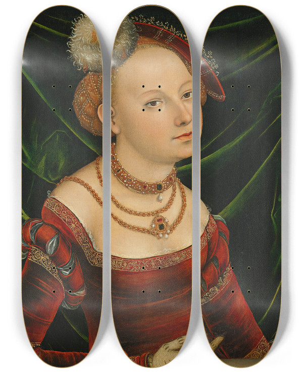 Triptych art skateboard deck of Lucas Cranach The Younger Portrait Of A Woman by Lucas Cranach the Younger (1515-1586)