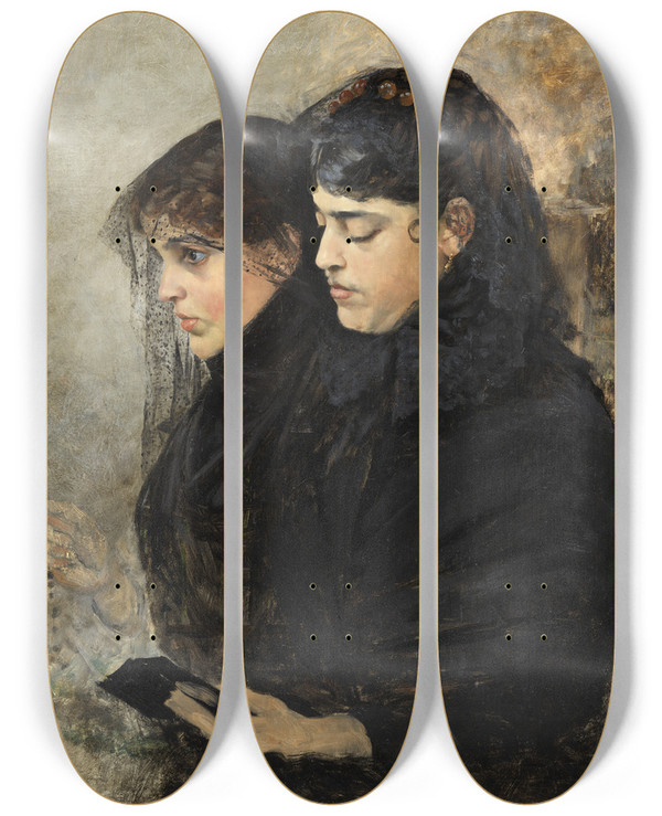 Triptych art skateboard deck of Hugo Birger Portrait Of The Artists Wife And Sisterinlaw by Hugo Birger (1854-1887)