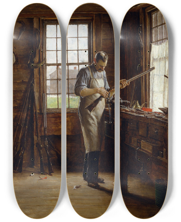 Triptych art skateboard deck of Edgar Melville Ward The Gunsmith Shop by Edgar Melville Ward (1839-1915)