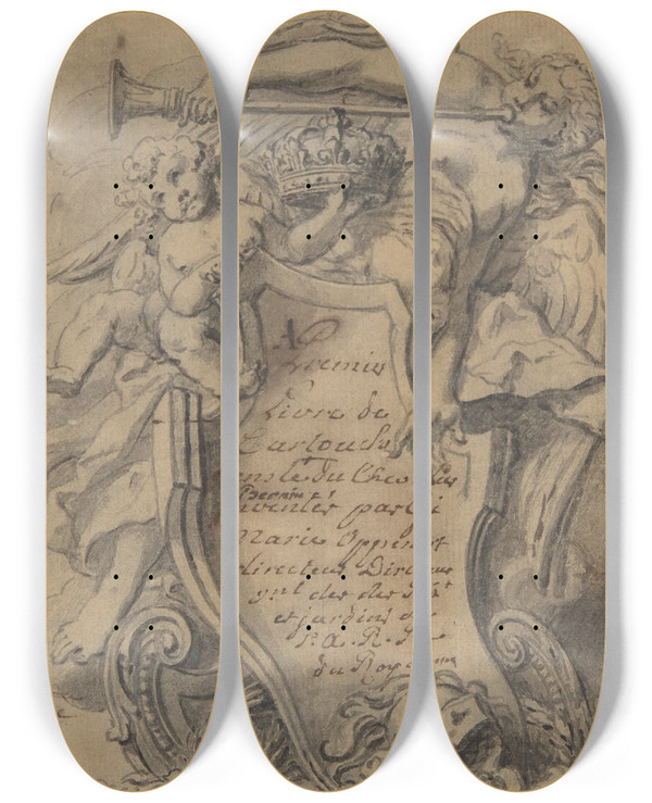 Triptych art skateboard deck of Gillesmarie Oppenord Study For A Cartouche_2 by Gilles Marie Oppenord (1672-1742)