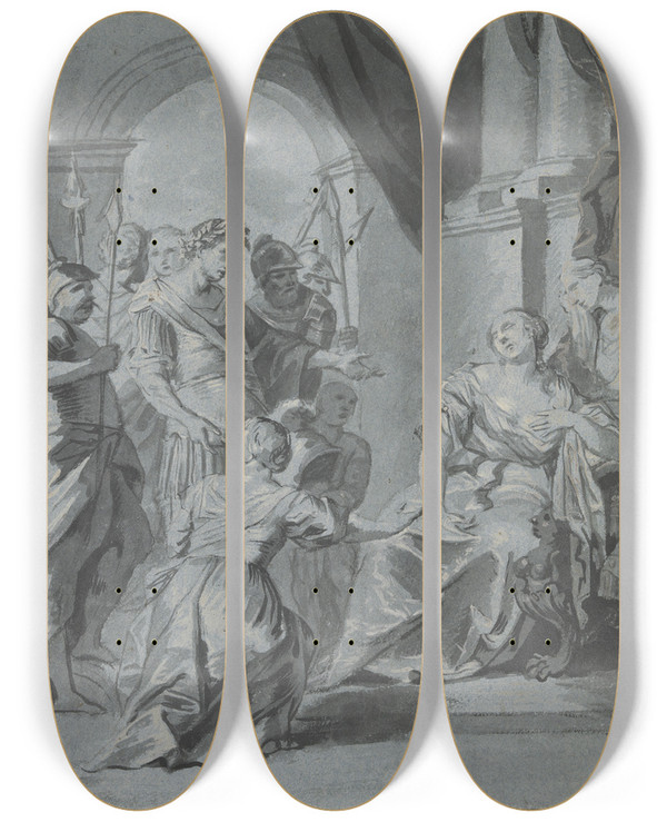 Triptych art skateboard deck of Gottlieb Welt Octavian Vor Der Verzweifelnden Kleopatra by Gottlieb Welte (1745-1792)