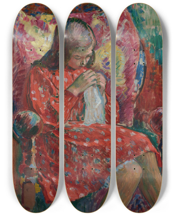 Triptych art skateboard deck of Henri Lebasque La Petite Couseuse by Henri Lebasque (1865-1937)