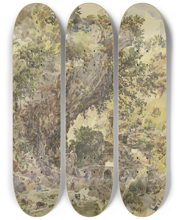 Triptych art skateboard deck of Johann Nepomuk Rauch Gebirgslandschaft Mit Einer Brcke Und Vielen Figuren Links Eine Groartige Felspartie by Johann Nepomuk Rauch (1804-1847)
