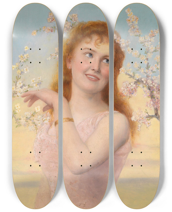 Triptych art skateboard deck of Johannes Kleinschmidt Frhlingszauber by Johannes Kleinschmidt (1858-1905)