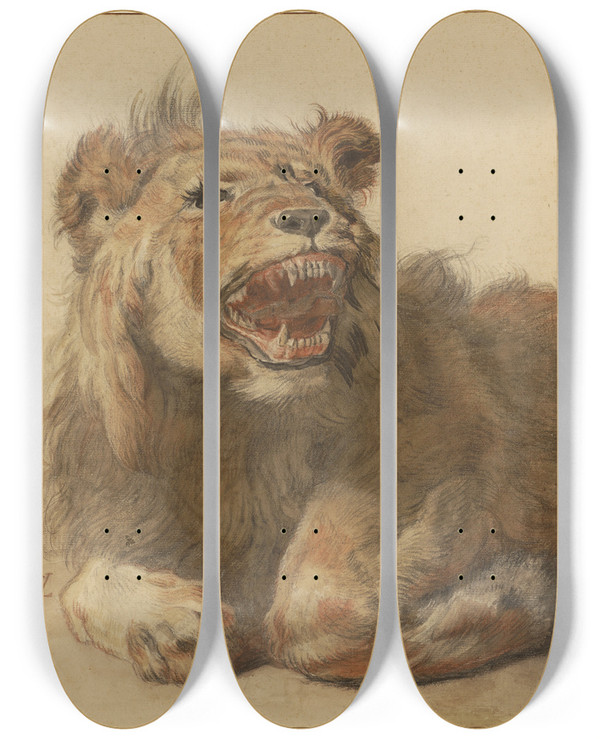 Triptych art skateboard deck of Cornelis Saftleven A Lion Snarling by Cornelis Saftleven (1607-1681)