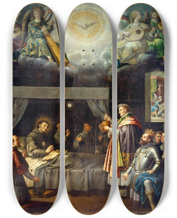 Triptych art skateboard deck of Jos Jurez The Last Communion Of Saint Bonaventure by Jose Juarez (1617-1661)
