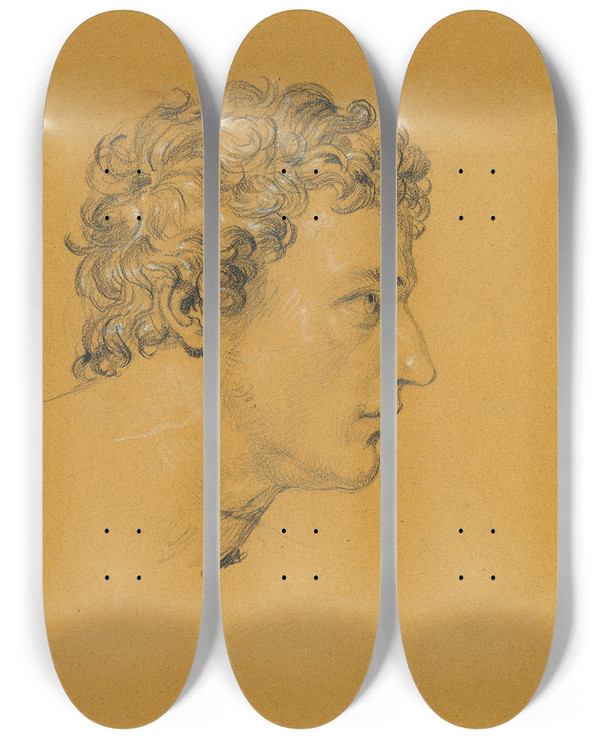 Triptych art skateboard deck of Johann Peter Krafft Studie Eines Kopfes_1 by Johann Peter Krafft (1780-1856)