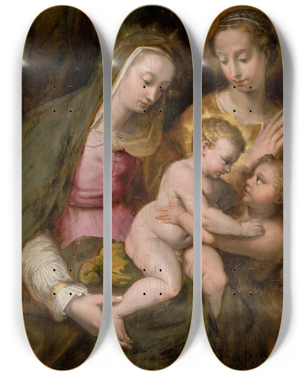 Triptych art skateboard deck of Bolognese School The Holy Family by Bolognese School