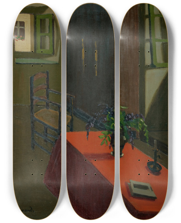 Triptych art skateboard deck of Marius Borgeaud Red Table With Wisteria by Marius Borgeaud (1861-1924)