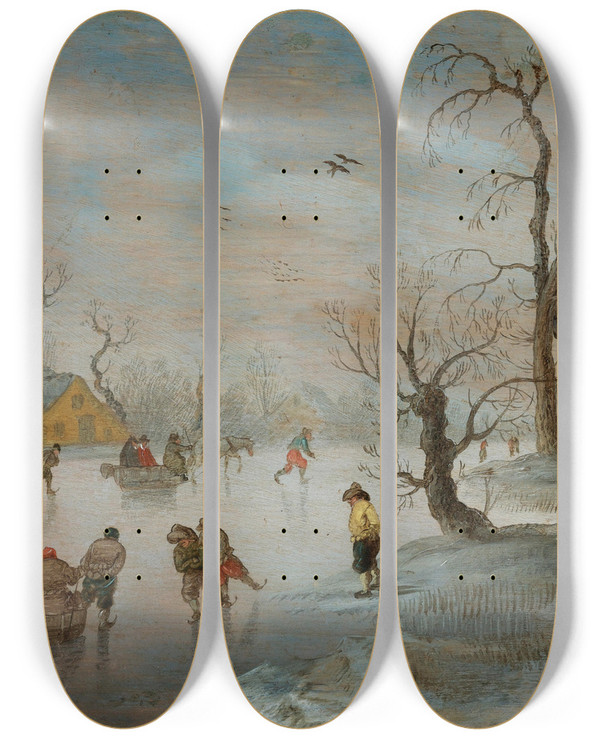 Triptych art skateboard deck of Anthonie Verstraelen Skaters And A Horsedrawn Sledge On A Frozen Waterway by Anthonie Verstraelen (1594-1641)