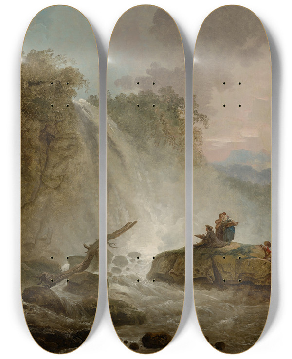 Triptych art skateboard deck of Hubert Robert Waterfall With Drawing Artist by Hubert Robert (1733-1808)