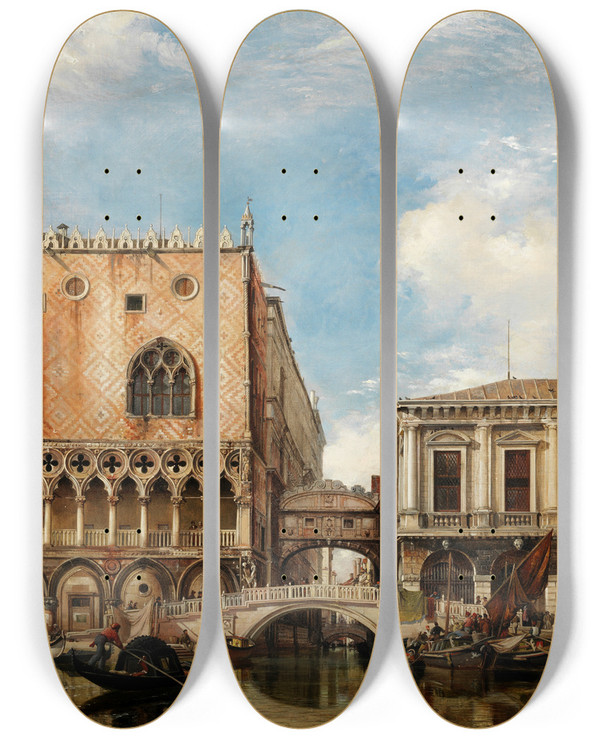 Triptych art skateboard deck of Edward William Cooke Bridge Of Sighs Venice by Edward William Cooke (1811-1880)