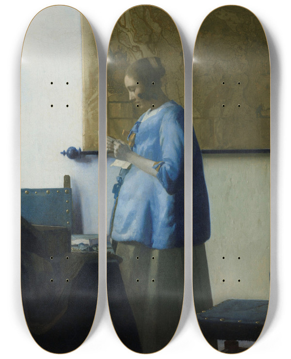 Triptych art skateboard deck of Johannes Vermeer Woman Reading A Letter by Johannes Vermeer (1632-1675)