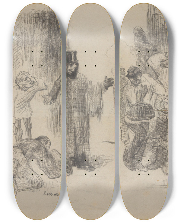 Triptych art skateboard deck of James Ensor De Pakjesdragers by James Ensor (1860-1949)