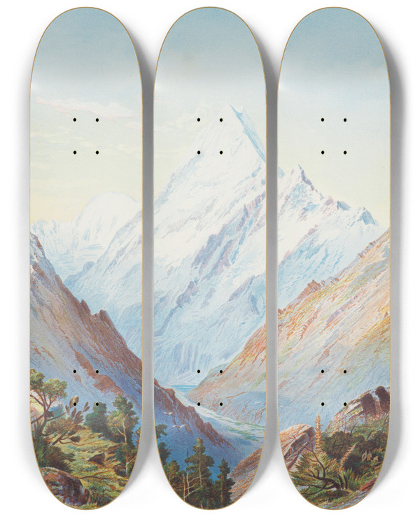Triptych art skateboard deck of William Mathew Hodgkins Mount Cook by William Mathew Hodgkins (1833-1898)