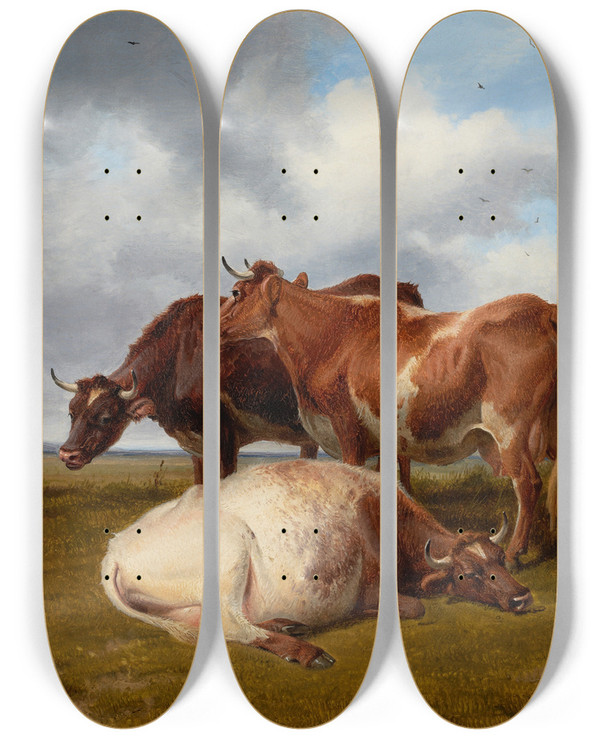 Triptych art skateboard deck of Thomas Sidney Cooper Cattle Grazing by Thomas Sidney Cooper (1803-1902)