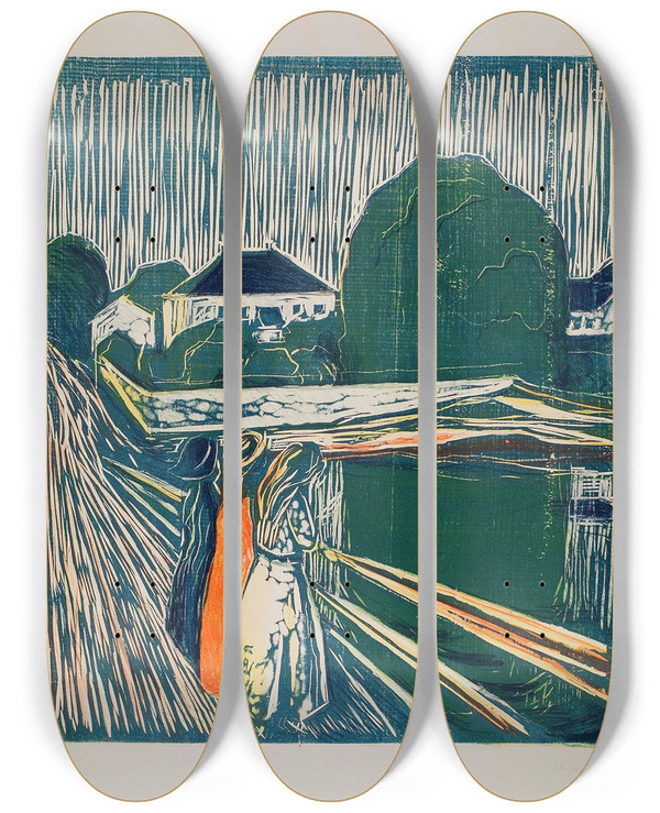 Triptych art skateboard deck of Edvard Munch The Girls On The Bridge_1 by Edvard Munch (1863-1944)