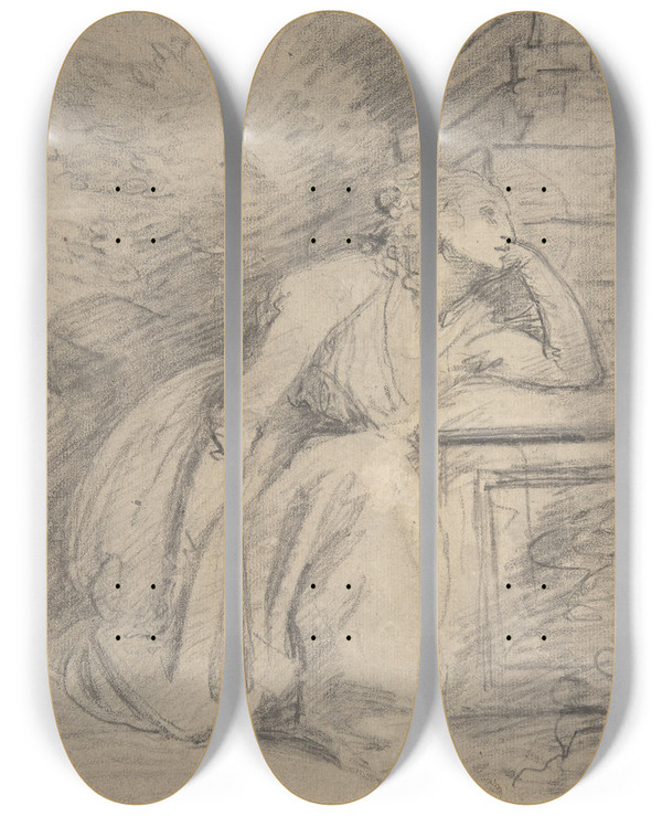 Triptych art skateboard deck of John Hoppner Study Of A Seated Woman_2 by John Hoppner (1758-1810)