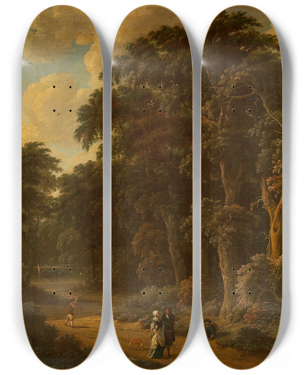 Triptych art skateboard deck of Salomon Rombouts Forest Landscape With Forest Workers And People Strolling by Salomon Rombouts (1655-1702)